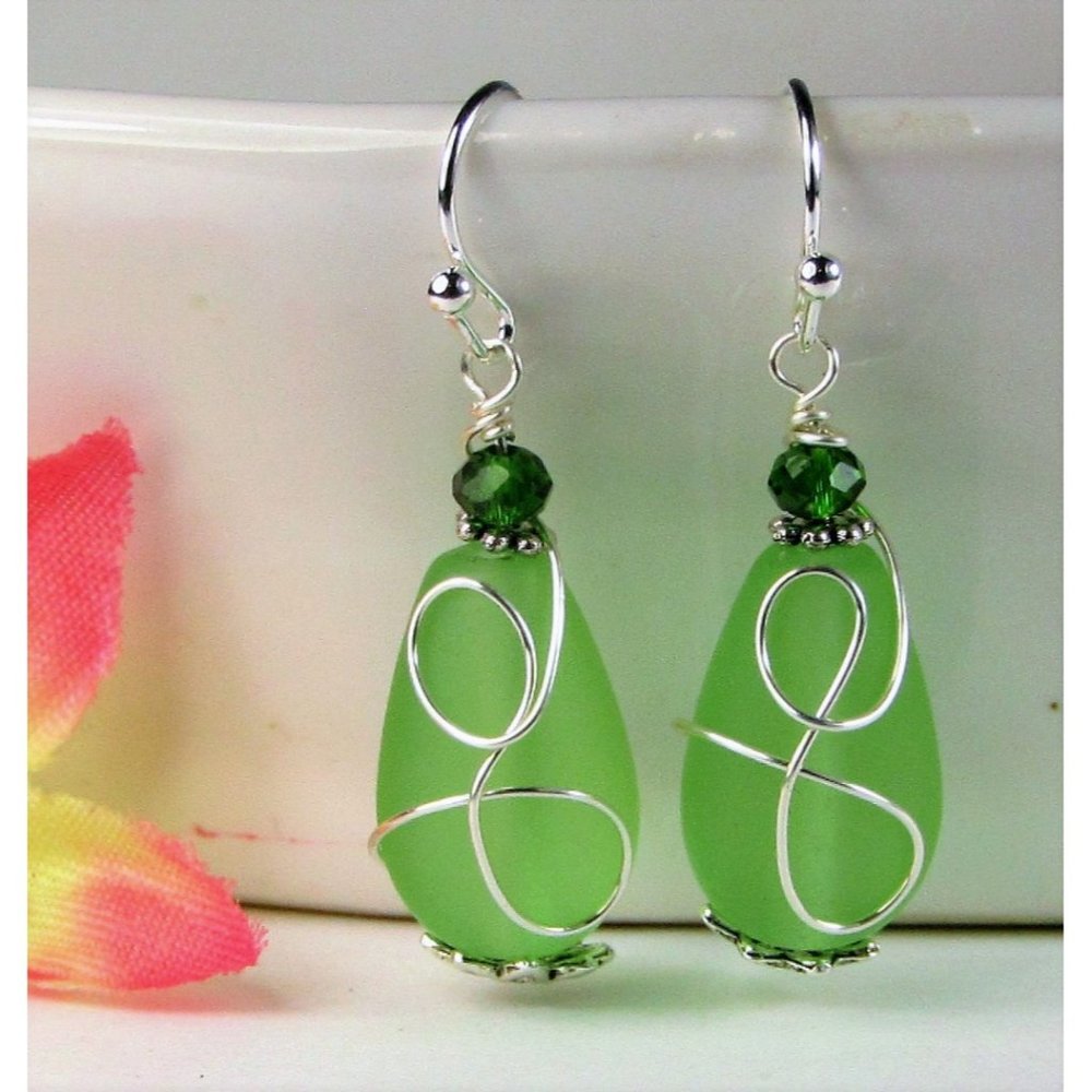 Green Sea Glass Dangle Earrings